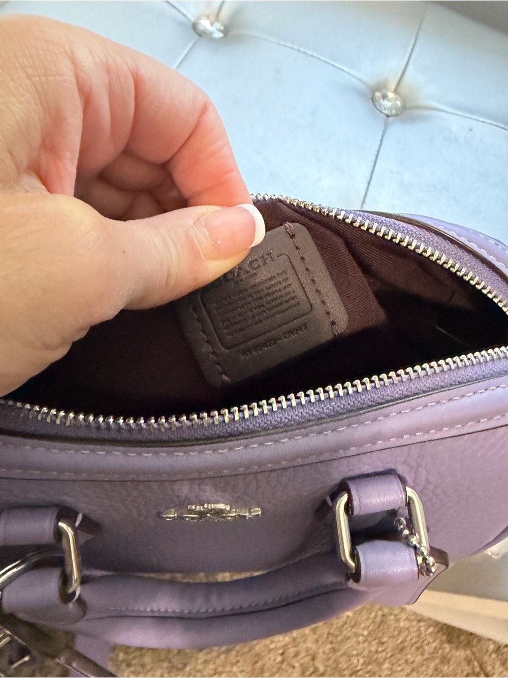 COACH Mini Rowan Pebbled Leather Satchel in Lilac purple new with key charm - Picture 8 of 8
